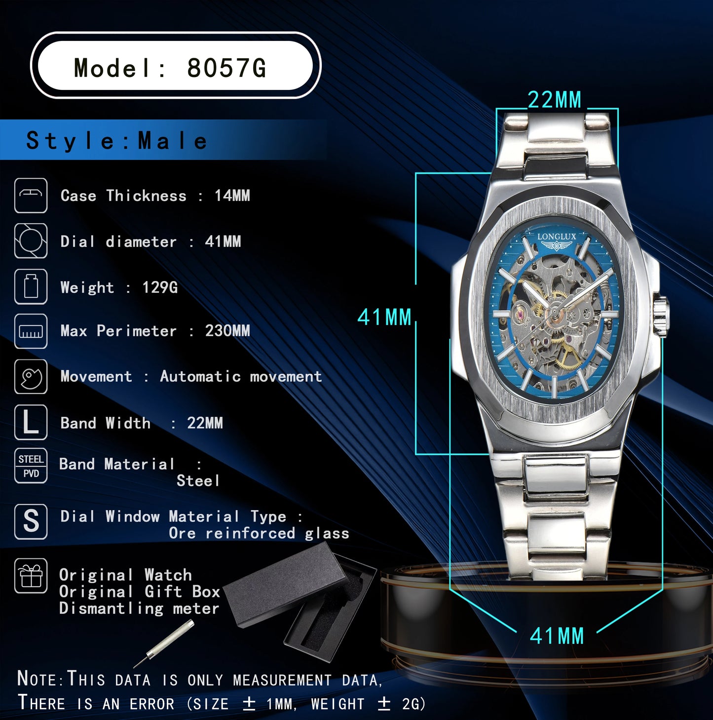 LONGLUX Men automatic mechanical watch luxury watches waterproof