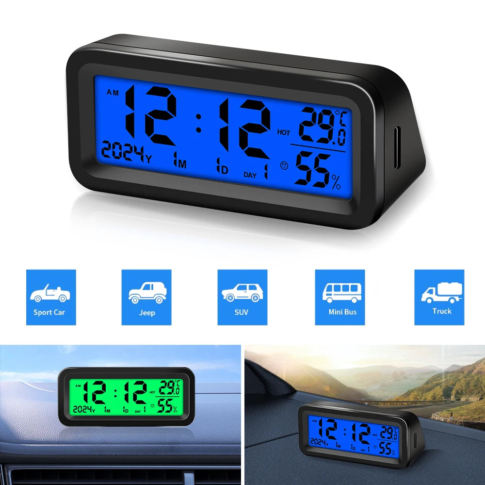LCD Digital Car Clock Solar Power Temperature Humidity Gauge Backlight Automobiles Dashboard Clock Car Internal Accessories