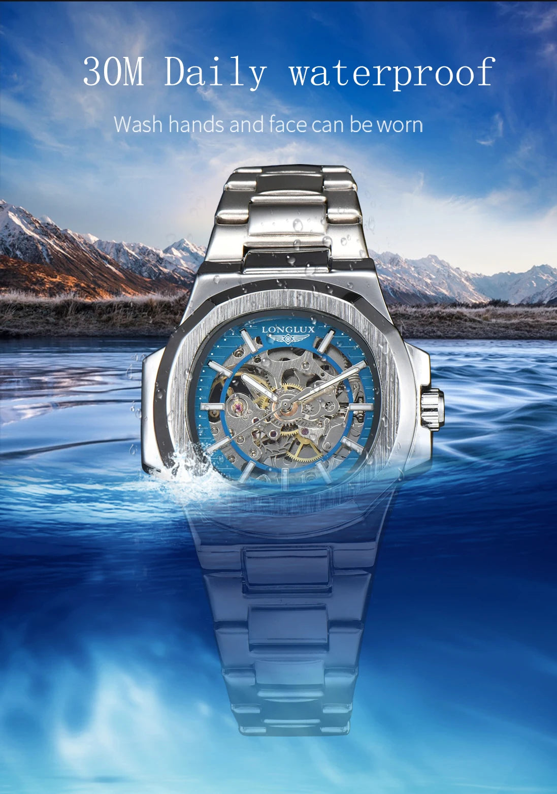 LONGLUX Men automatic mechanical watch luxury watches waterproof