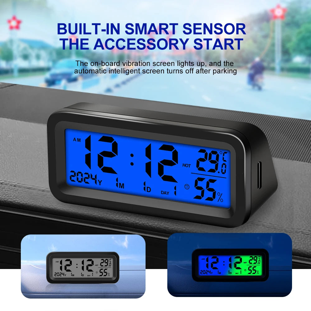 LCD Digital Car Clock Solar Power Temperature Humidity Gauge Backlight Automobiles Dashboard Clock Car Internal Accessories