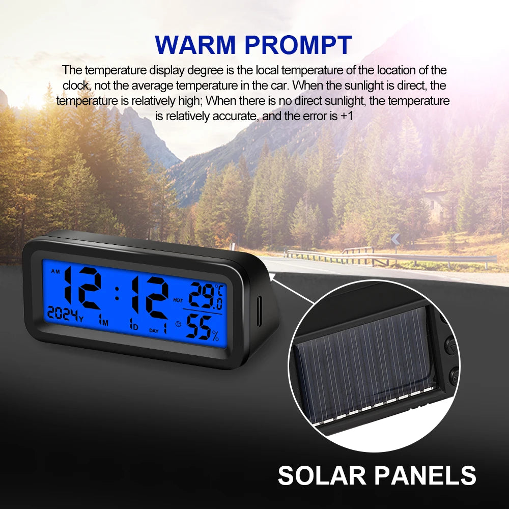 LCD Digital Car Clock Solar Power Temperature Humidity Gauge Backlight Automobiles Dashboard Clock Car Internal Accessories