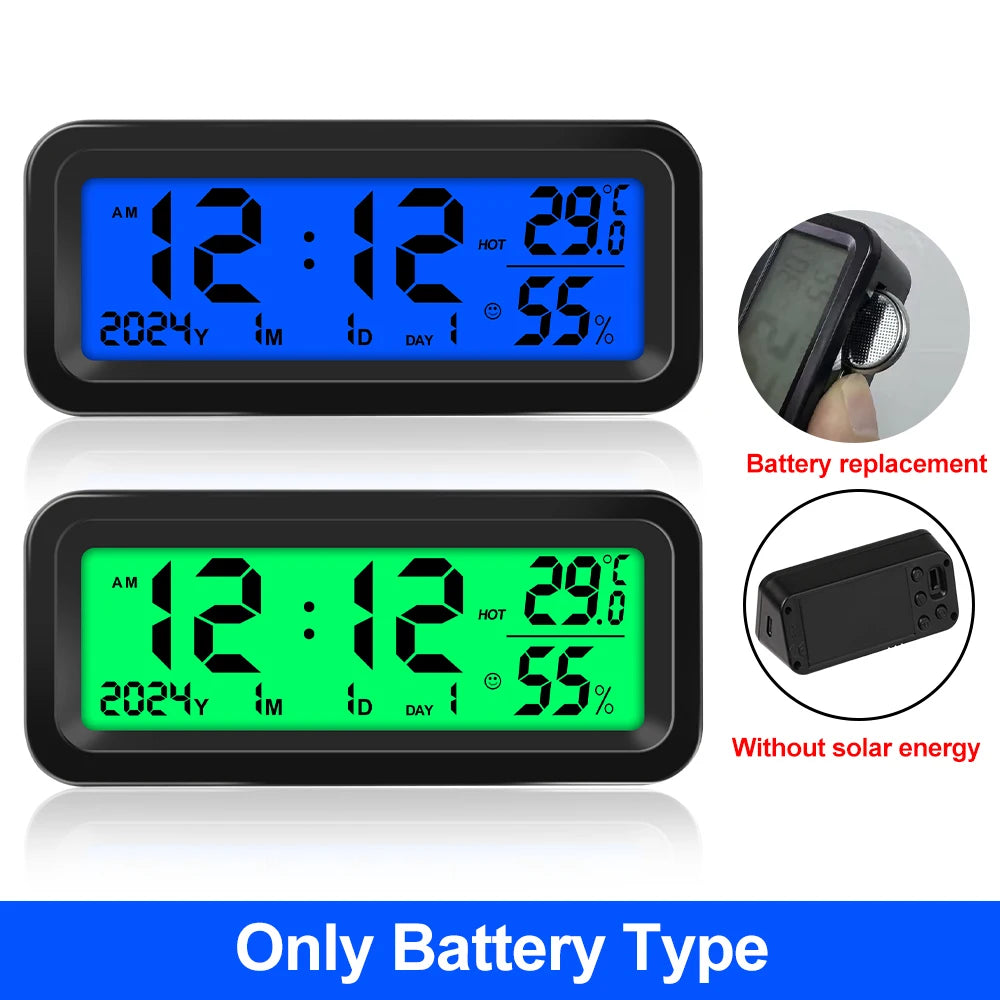 LCD Digital Car Clock Solar Power Temperature Humidity Gauge Backlight Automobiles Dashboard Clock Car Internal Accessories